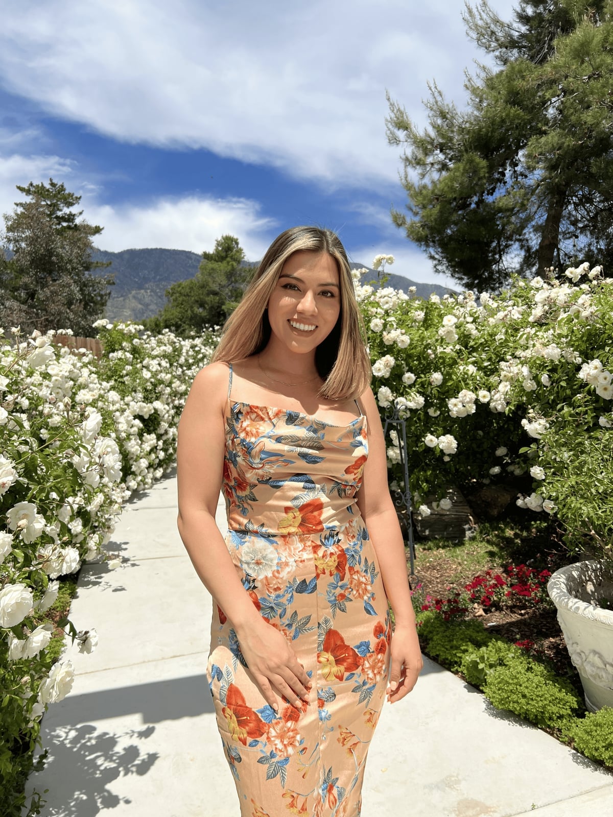 Peach Satin Slip Dress With Floral Print, Close-Up Take Peach Satin Slip Dress With Floral Print, Close-Up Take — Trendy Los Angeles Outfits