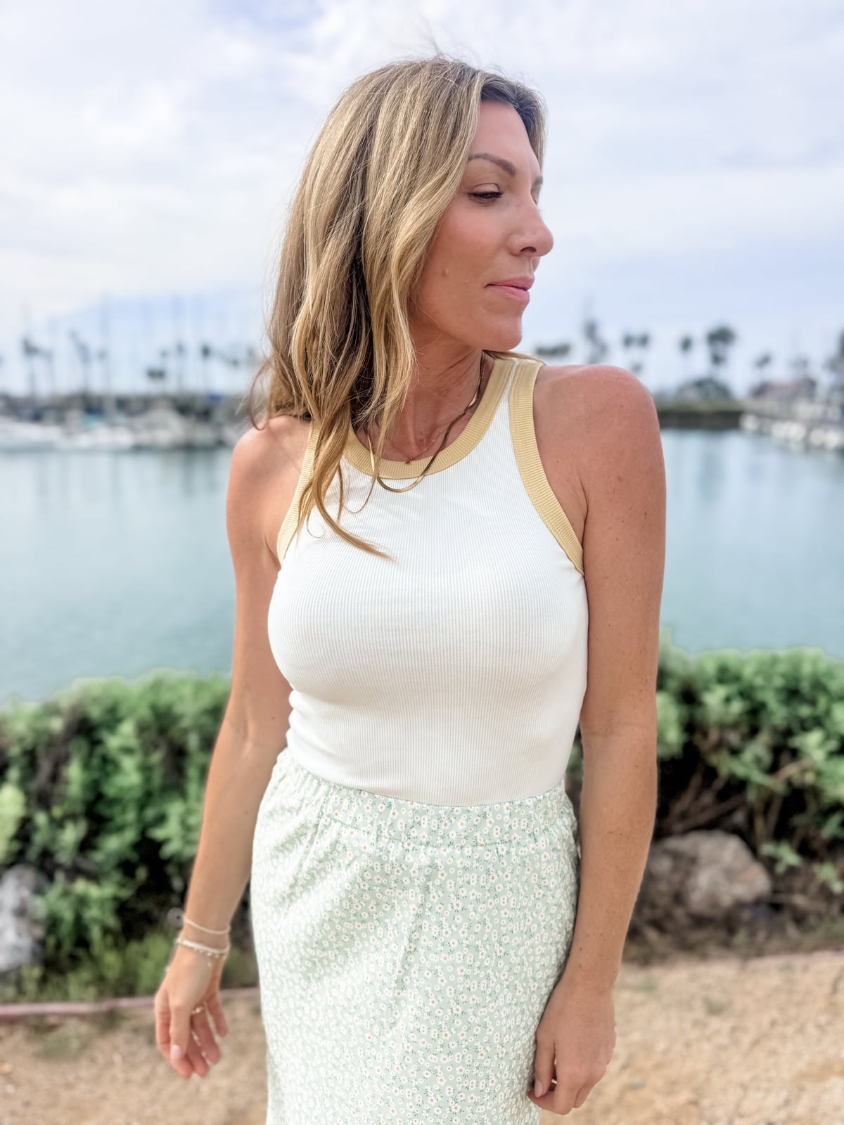 White Ribbed Tank Top With Floral Midi Skirt White Ribbed Tank Top With Floral Midi Skirt — Trendy Los Angeles Outfits