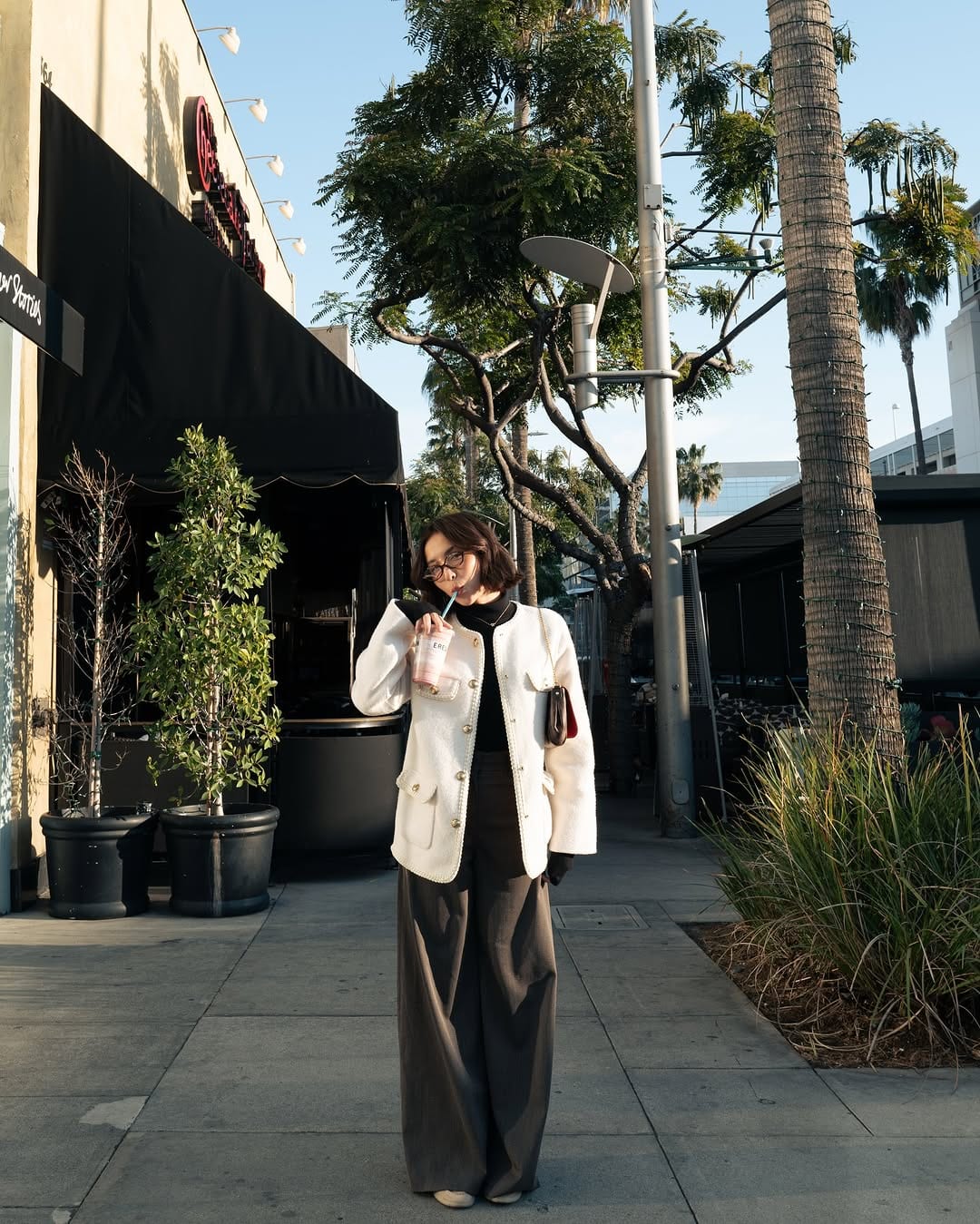 White Tweed Jacket With Gray Wide Leg Trousers White Tweed Jacket With Gray Wide Leg Trousers — Trendy Los Angeles Outfits