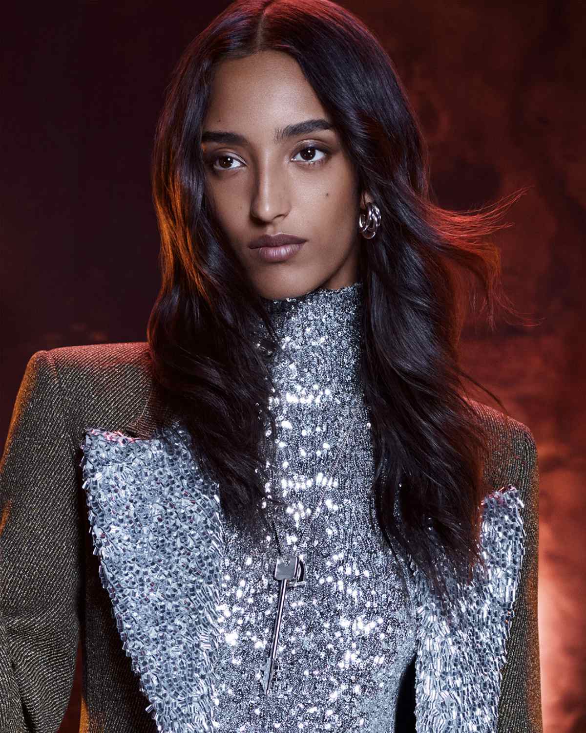 Structured Brown Blazer Over Silver Sequined Turtleneck Structured Brown Blazer Over Silver Sequined Turtleneck — Trendy Luxury Outfits