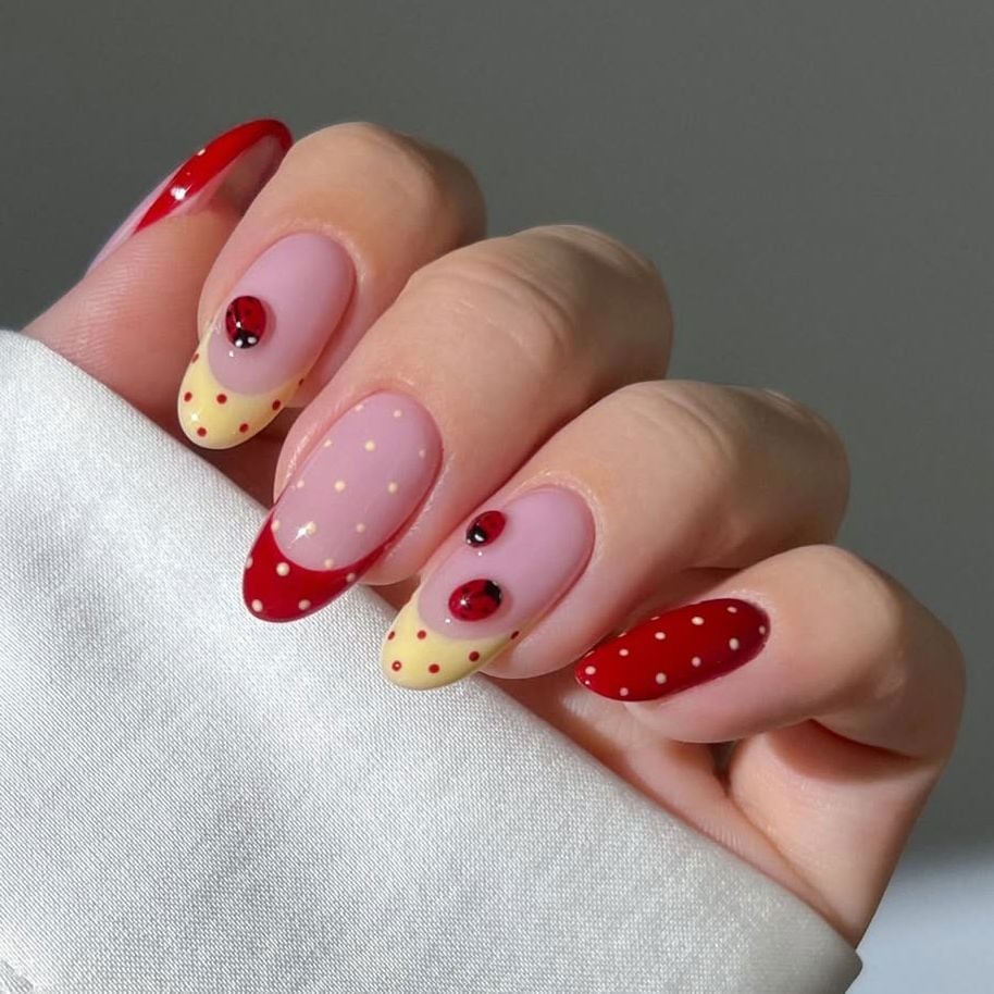 Medium Almond Red Yellow Polka Dot Ladybug Nails Medium Almond Red Yellow Polka Dot Ladybug Nails — Trendy Manicure Nails