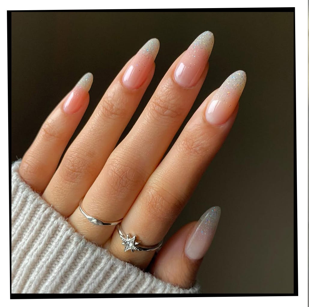 Long Almond Glitter Ombre Nude Pink To Clear Nails Long Almond Glitter Ombre Nude Pink To Clear Nails — Trendy Manicure Nails