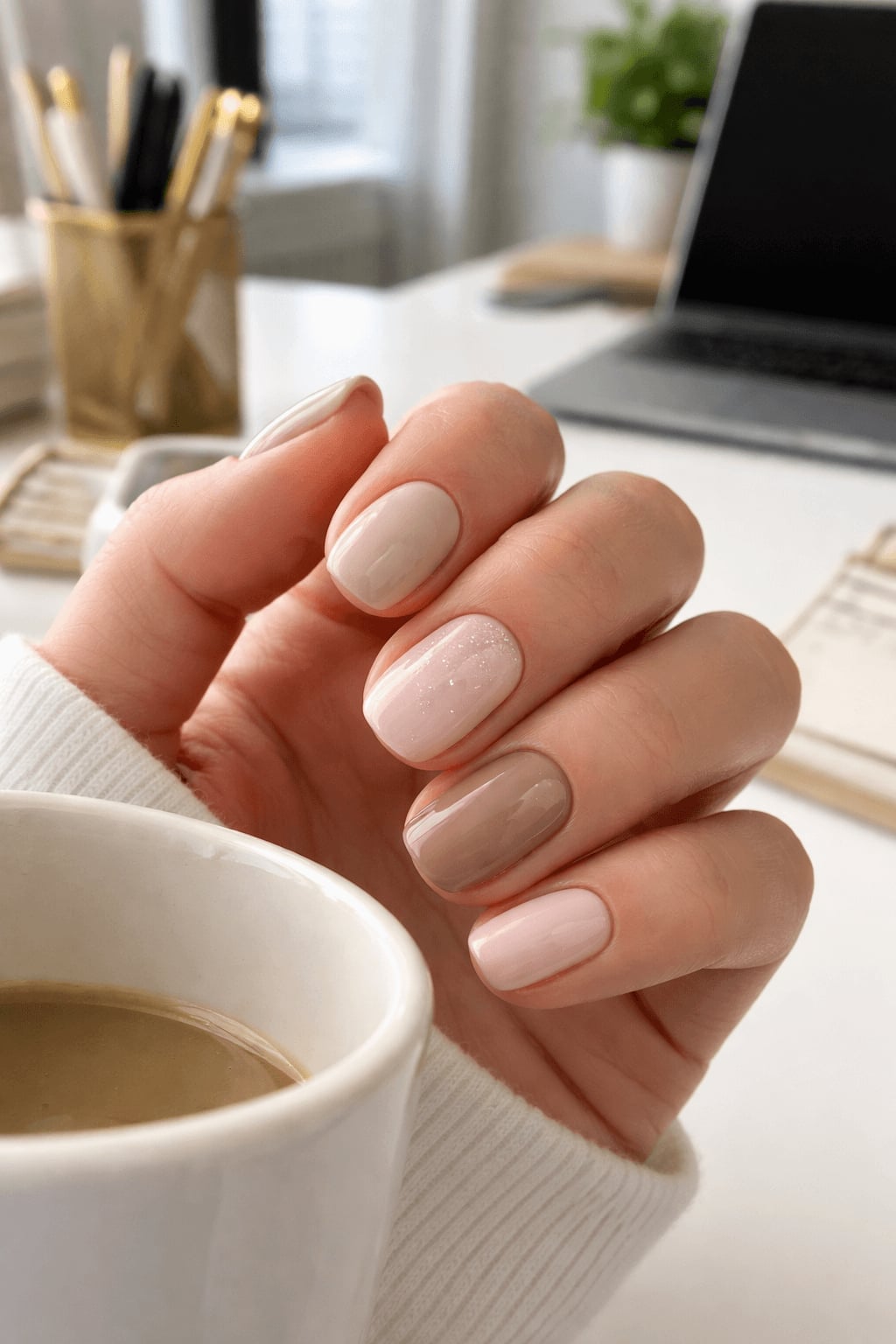 Short Square Neutral Tones Glitter Accent Nails Short Square Neutral Tones Glitter Accent Nails — Trendy Manicure Nails