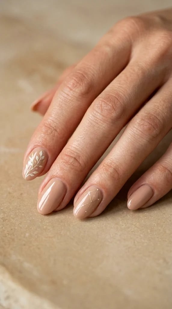 Medium Almond Nude Beige Branch Art Nails Medium Almond Nude Beige Branch Art Nails — Trendy Manicure Nails