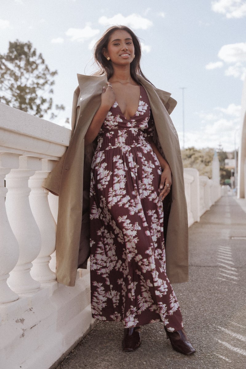Burgundy Floral Maxi Dress With Trench Coat — Trendy Maxi Dresses Outfit