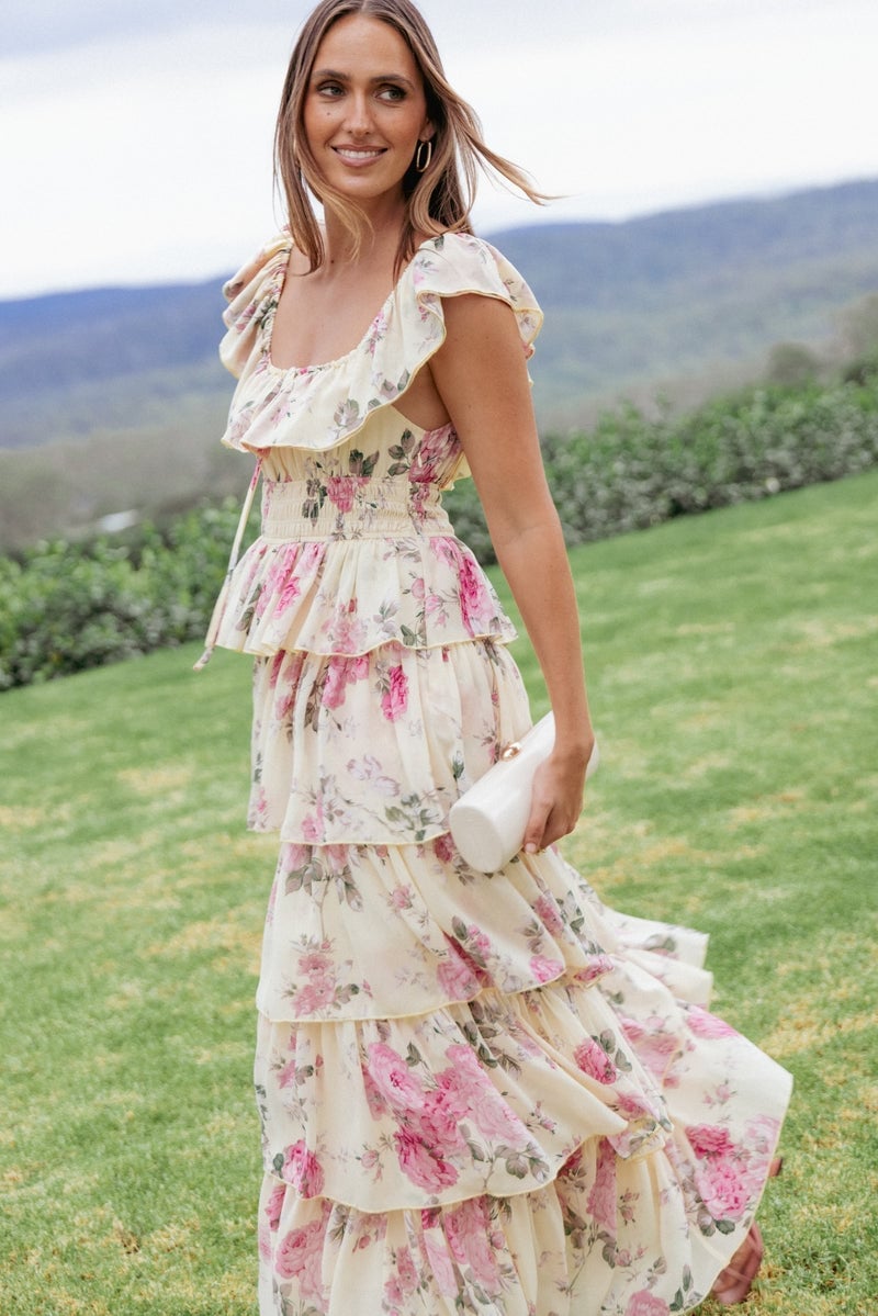 Pale Yellow Tiered Floral Maxi Dress — Trendy Maxi Dresses Outfit