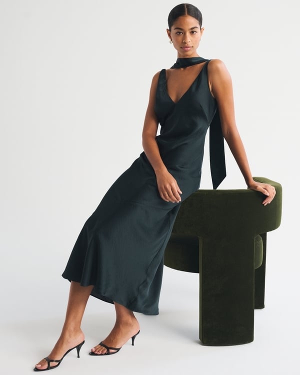 Dark Green Satin Slip Dress With Scarf Detail — Trendy Maxi Dresses Outfit