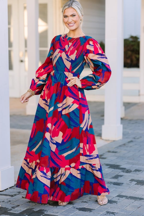 Abstract Print Maxi Dress With Balloon Sleeves — Trendy Maxi Dresses Outfit