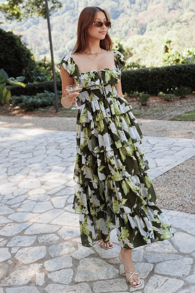 Green Floral Tiered Maxi Dress With Square Neck — Trendy Maxi Dresses Outfit