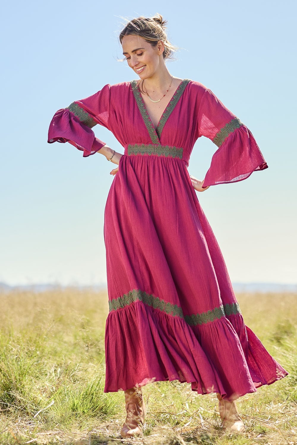 Pink Embroidered Trim Maxi Dress — Trendy Maxi Dresses Outfit