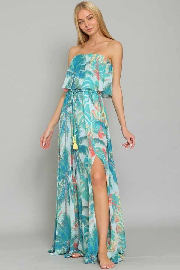 Tropical Print Strapless Maxi Dress With Slit — Trendy Maxi Dresses Outfit