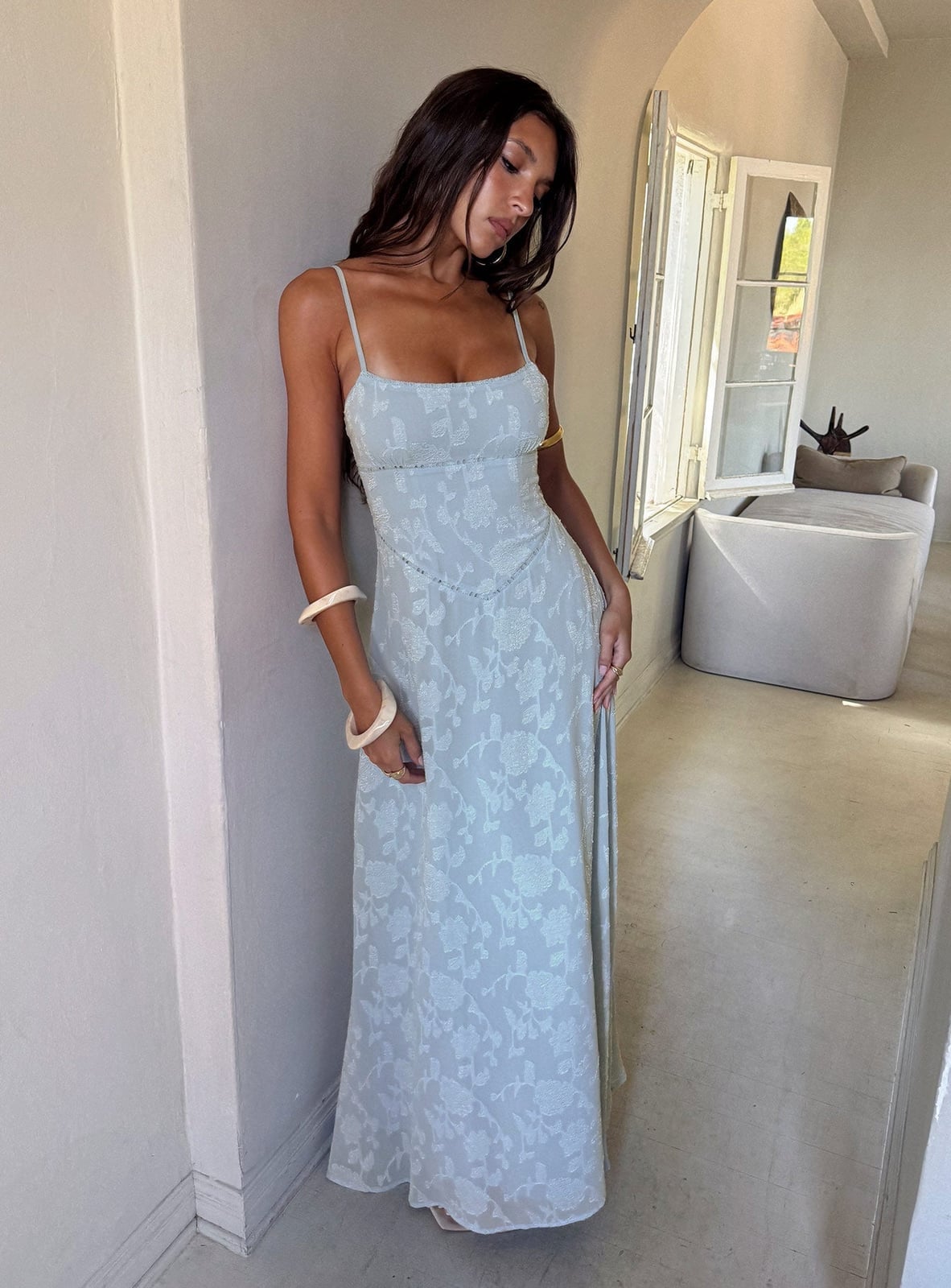 Light Blue Satin Floral Print Maxi Dress — Trendy Maxi Dresses Outfit