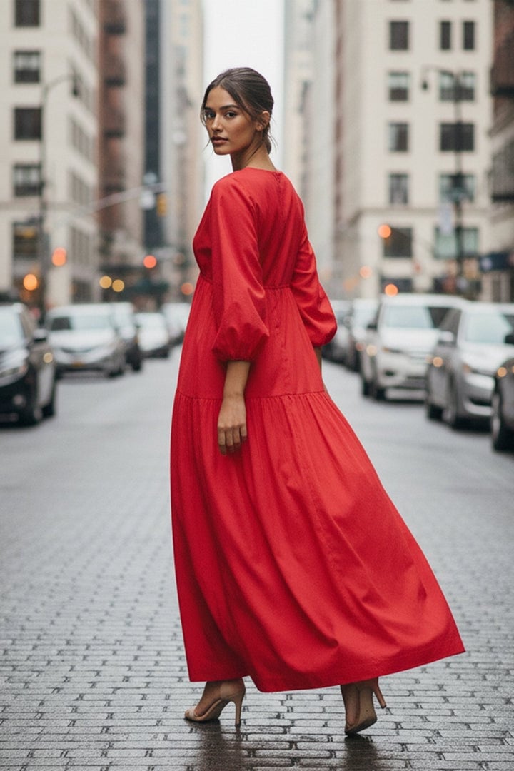 Vibrant Red Tiered Maxi Dress With Puff Sleeves — Trendy Maxi Dresses Outfit