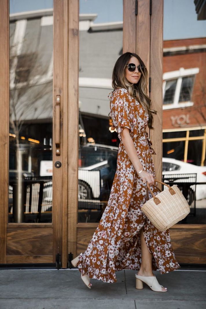 Brown Floral Wrap Maxi Dress With High Slit — Trendy Maxi Dresses Outfit
