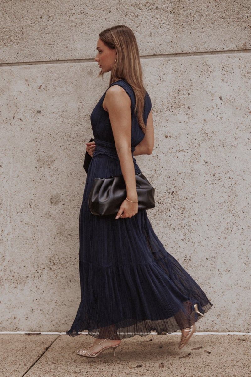 Navy Blue Pleated Maxi Dress — Trendy Maxi Dresses Outfit