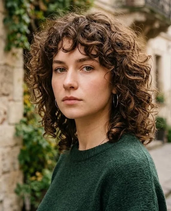 Shoulder Length Layers With Full Bangs And Brown Highlights, Middle Shoulder Length Layers With Full Bangs And Brown Highlights, Middle — Trendy Medium Curly Hair