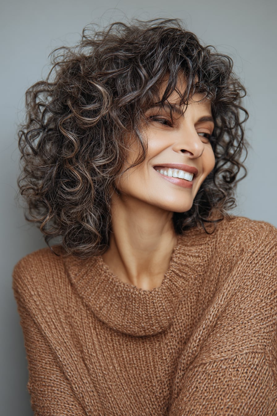Shoulder Length Dark Brown Curls With Gray Streaks and Air Dried Shoulder Length Dark Brown Curls With Gray Streaks and Air Dried — Trendy Medium Curly Hair