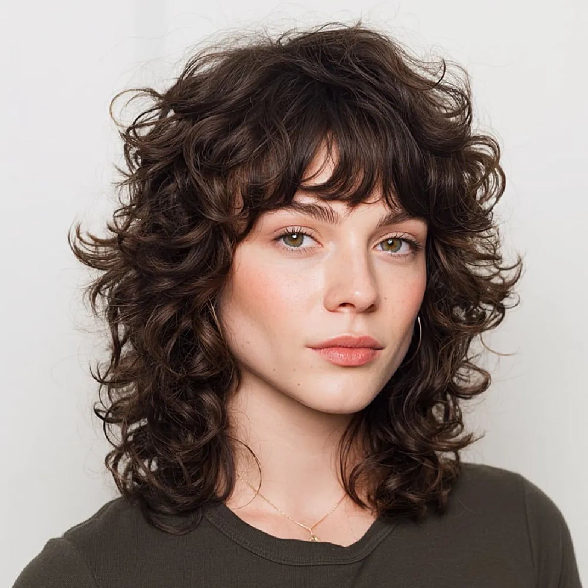 Medium Shag With Lighter Brown Highlights And Curtain Bangs Medium Shag With Lighter Brown Highlights And Curtain Bangs — Trendy Medium Curly Hair