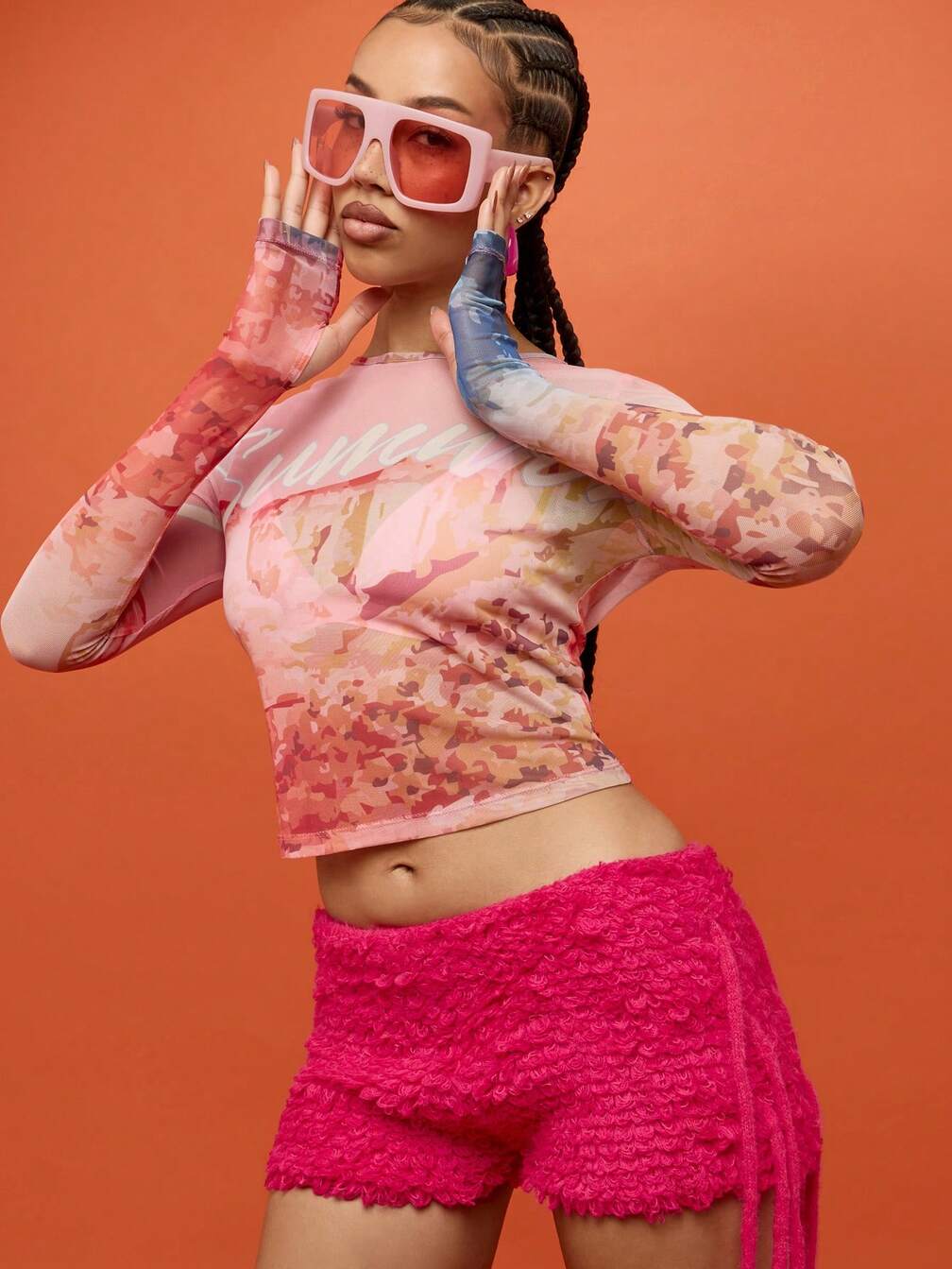 Digital Graphic Mesh Top with Bright Shorts Digital Graphic Mesh Top with Bright Shorts — Trendy Mesh Top Outfits