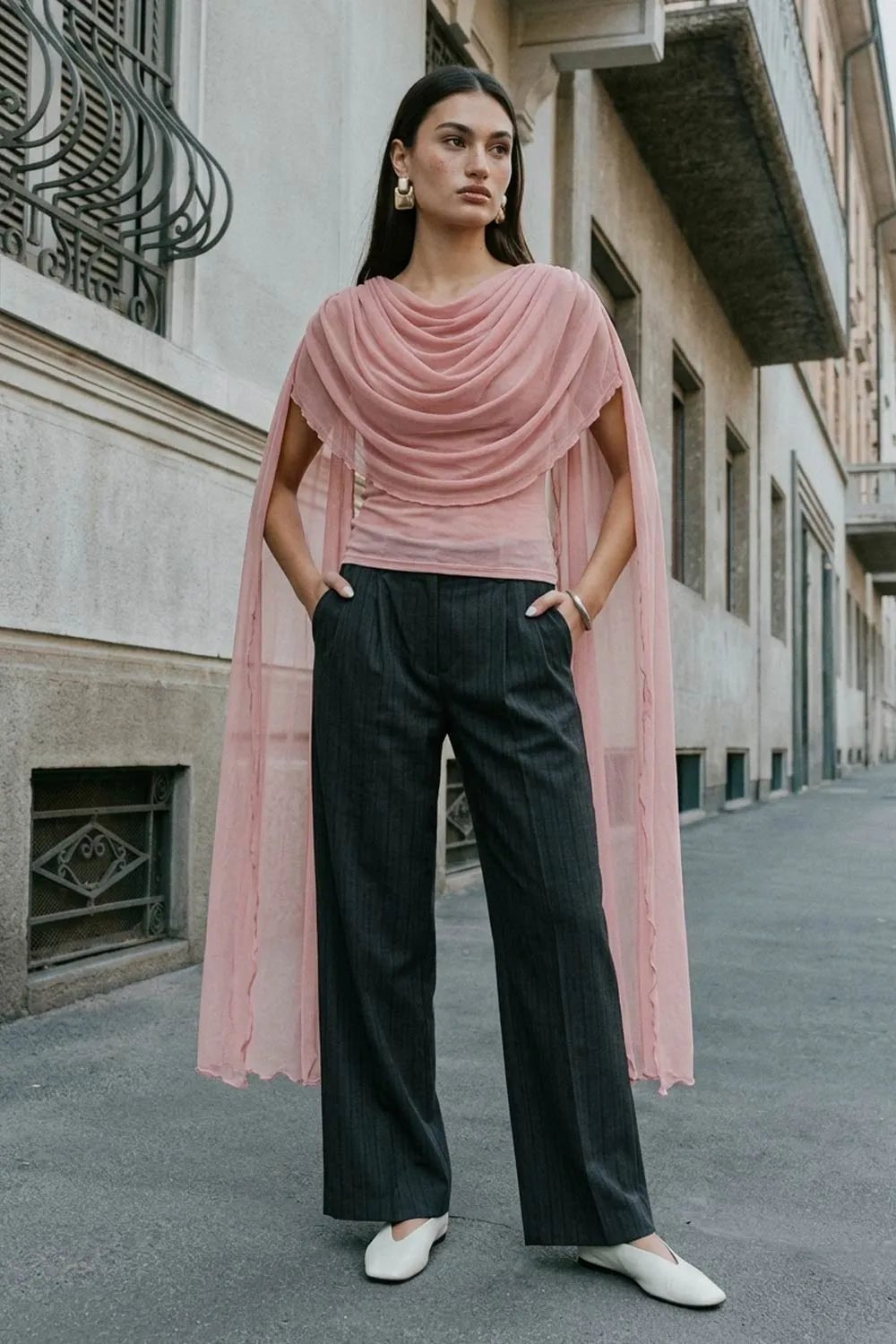Sheer Mesh Cape Overlay with Pinstripe Trousers Sheer Mesh Cape Overlay with Pinstripe Trousers — Trendy Mesh Top Outfits