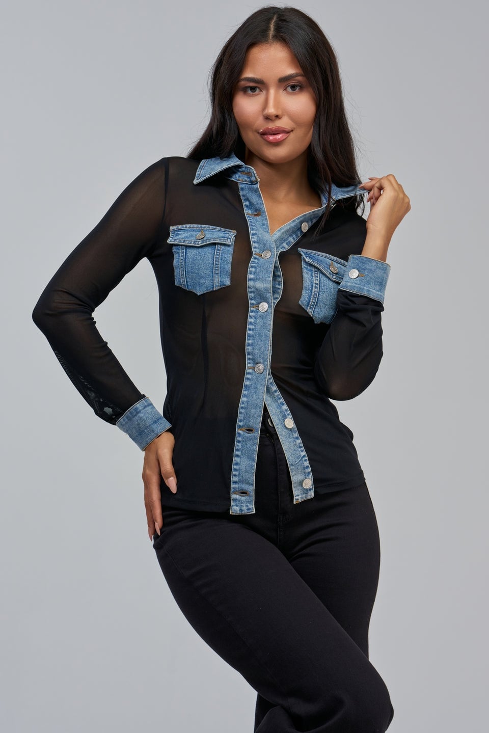 Denim Collar Mesh Shirt with Trousers Denim Collar Mesh Shirt with Trousers — Trendy Mesh Top Outfits