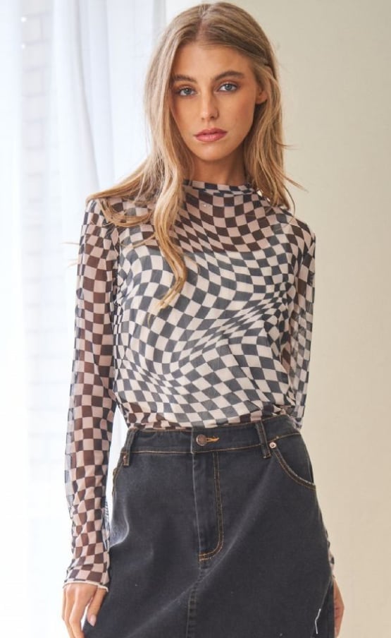 Checkerboard Mesh Top with Mock Neck Checkerboard Mesh Top with Mock Neck — Trendy Mesh Top Outfits