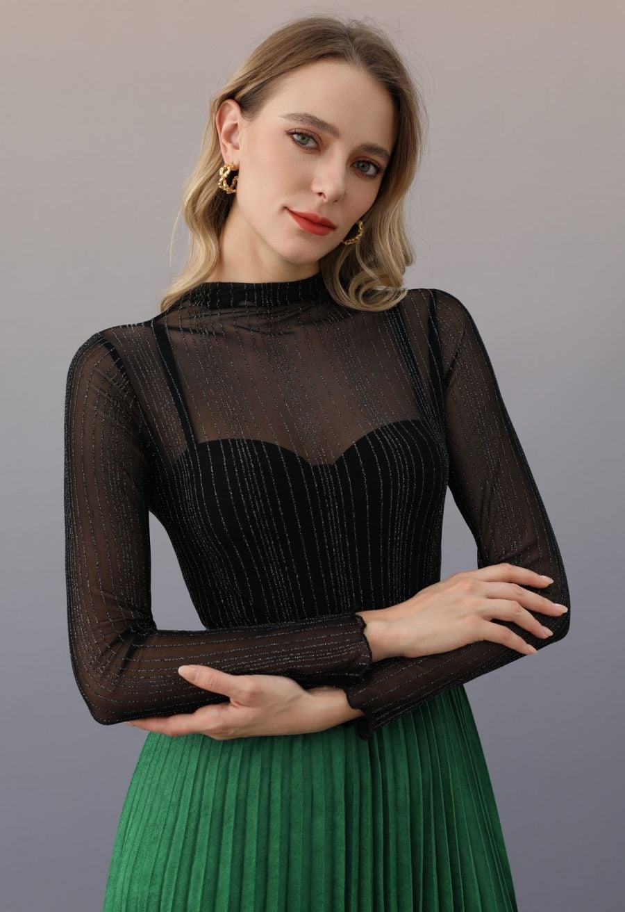 Metallic Thread Mesh Top with Pleated Skirt and Gold Hoop Earrings Metallic Thread Mesh Top with Pleated Skirt and Gold Hoop Earrings — Trendy Mesh Top Outfits
