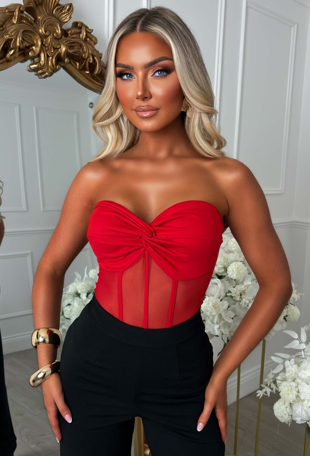 Mesh Panel Corset Top with Trousers and Gold Bangles Mesh Panel Corset Top with Trousers and Gold Bangles — Trendy Mesh Top Outfits