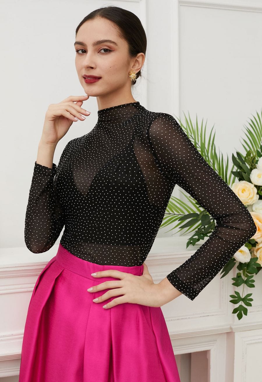 Rhinestone Embellished Mesh Top with Pink Skirt and Gold Star Earrings Rhinestone Embellished Mesh Top with Pink Skirt and Gold Star Earrings — Trendy Mesh Top Outfits