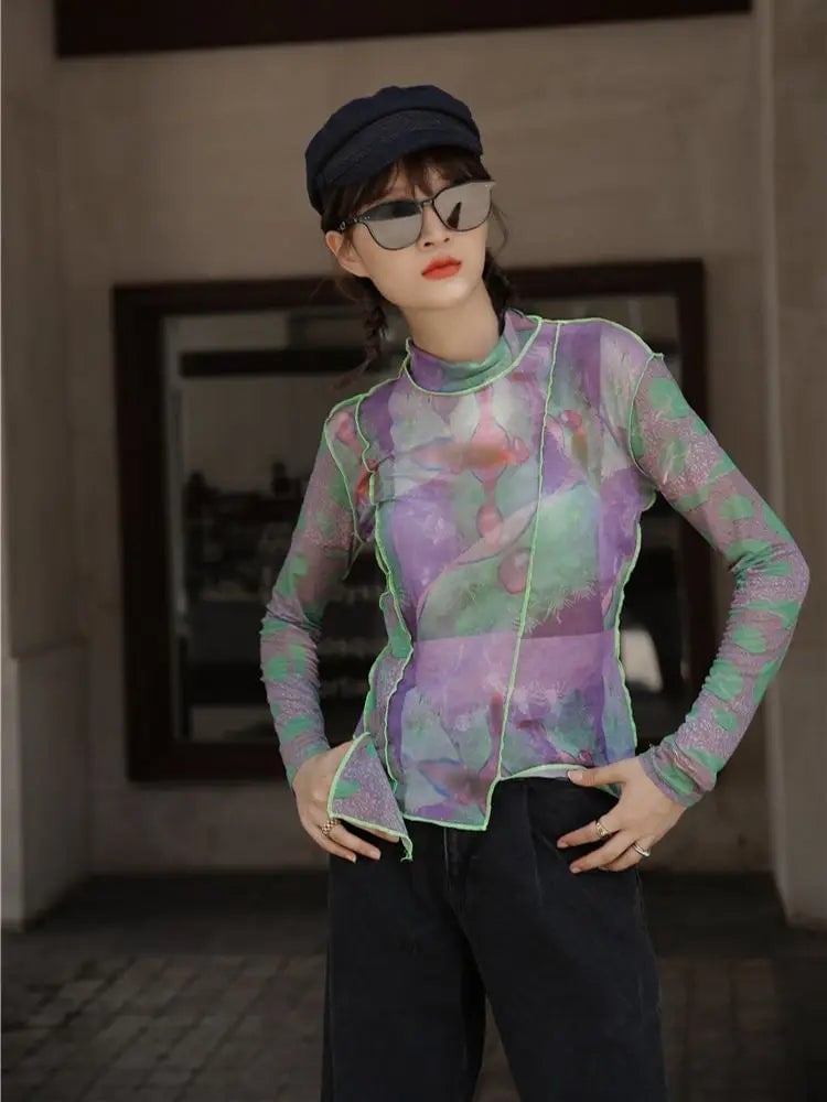 Patchwork Print Mesh Top with Jeans, A Woman Wears A Fitted Patchwork Print Mesh Top with Jeans, A Woman Wears A Fitted — Trendy Mesh Top Outfits
