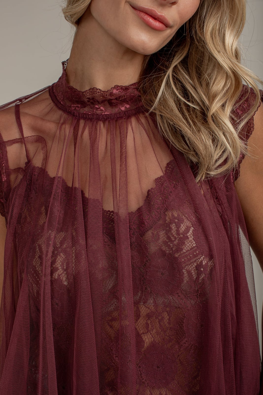 Sheer Burgundy Tulle Top with Lace, Softer Variation Sheer Burgundy Tulle Top with Lace, Softer Variation — Trendy Mesh Top Outfits