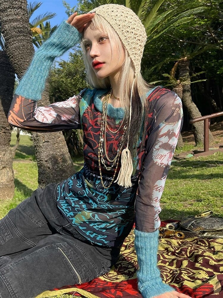 Graphic Mesh Top with Arm Warmers Graphic Mesh Top with Arm Warmers — Trendy Mesh Top Outfits