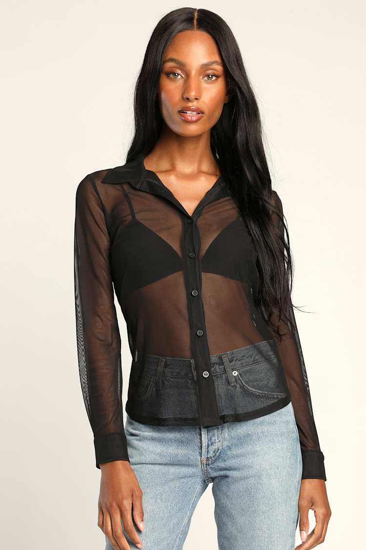 Sheer Mesh Button-Up Over a Bra Sheer Mesh Button-Up Over a Bra — Trendy Mesh Top Outfits