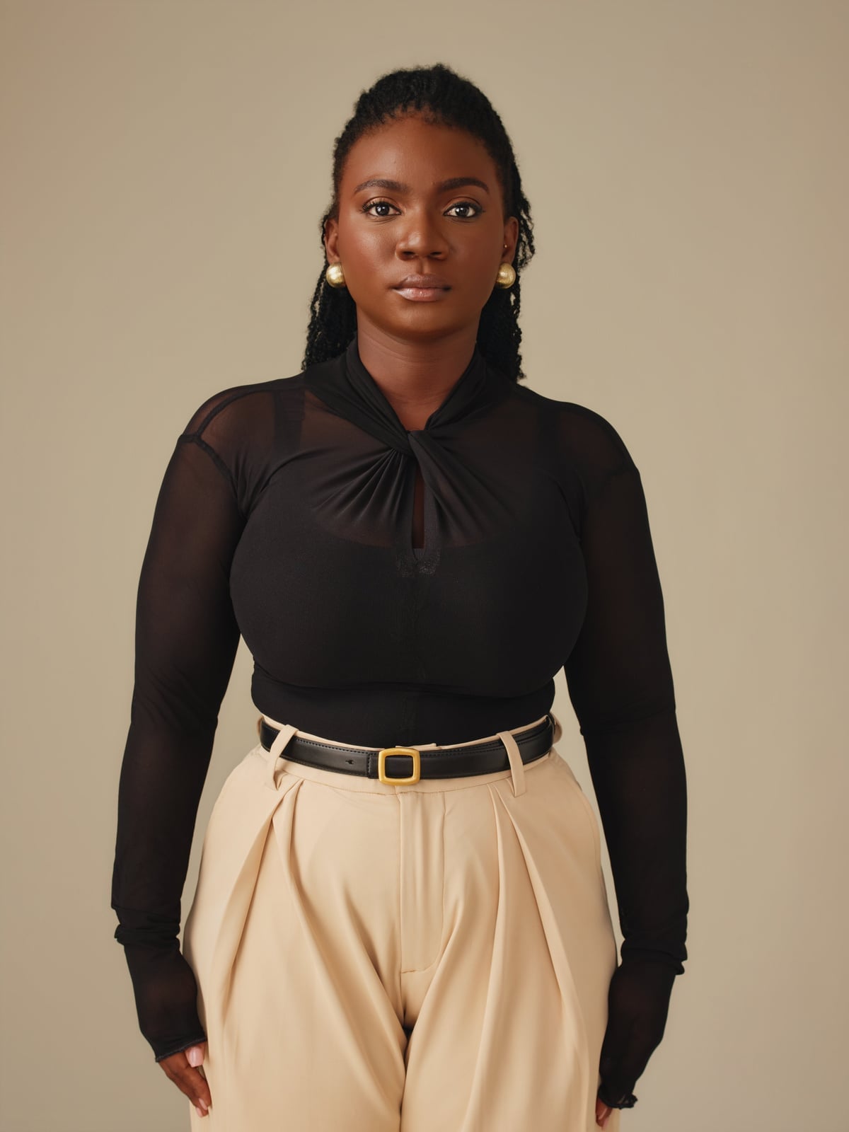 Twisted High Neck Mesh Top with Wide Leg Trousers Twisted High Neck Mesh Top with Wide Leg Trousers — Trendy Mesh Top Outfits