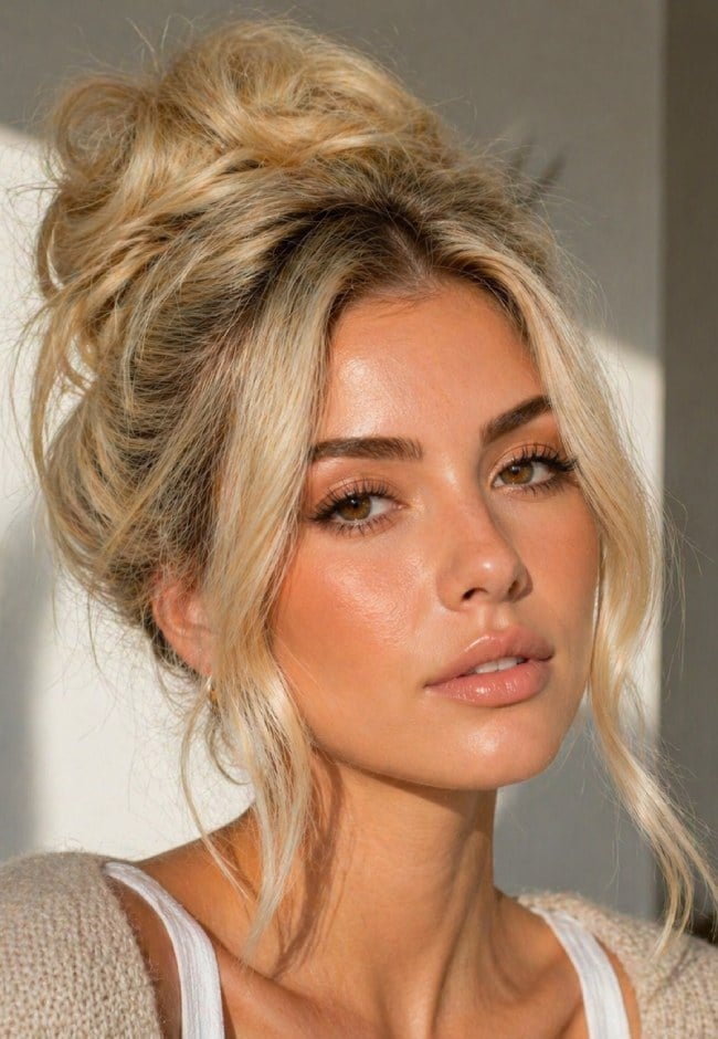 Ash Blonde Messy Bun With Face-Framing Pieces — Trendy Messy Bun Updo