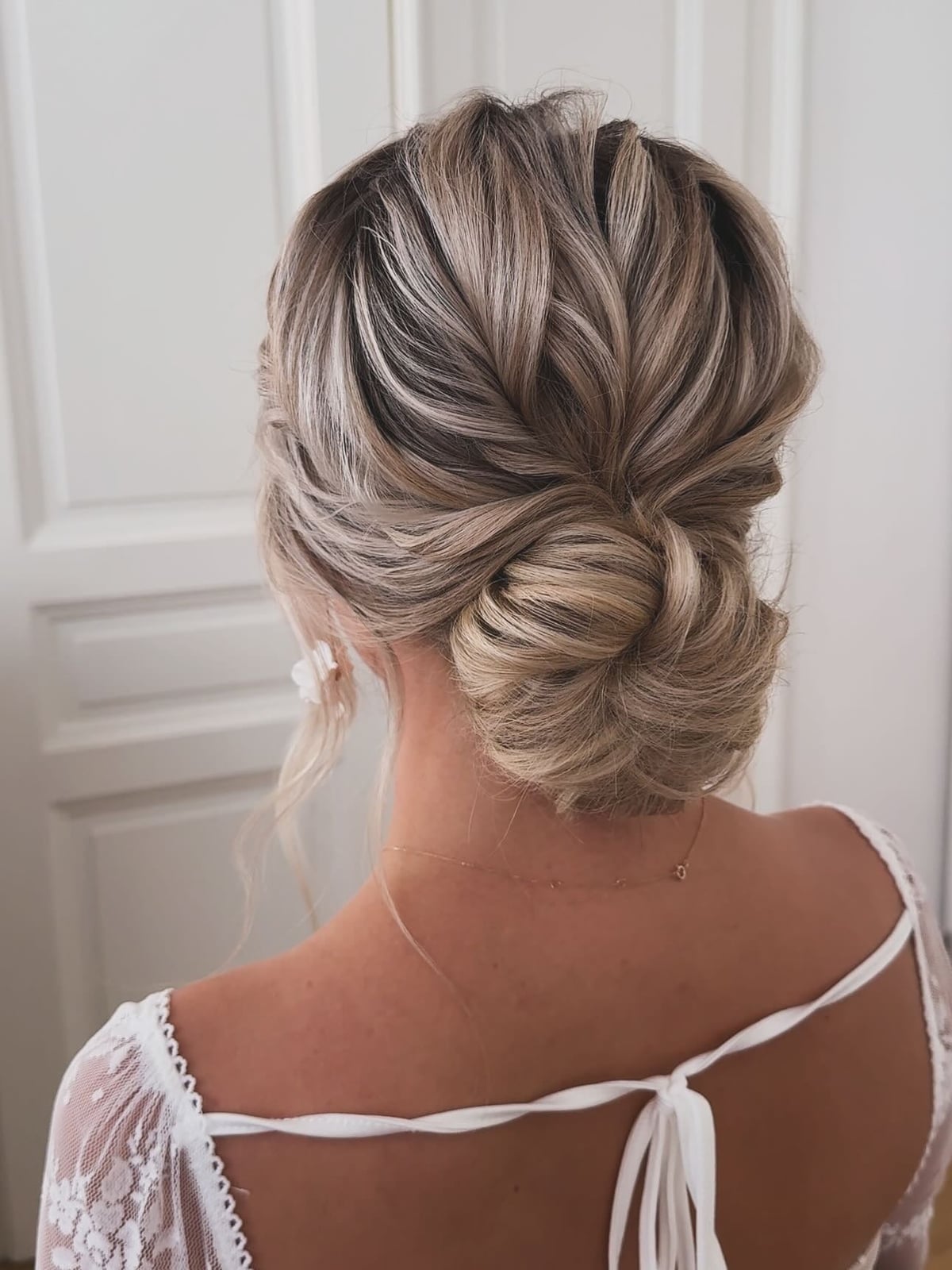 Ash Blonde Textured Low Messy Bun, Mid-Back — Trendy Messy Bun Updo