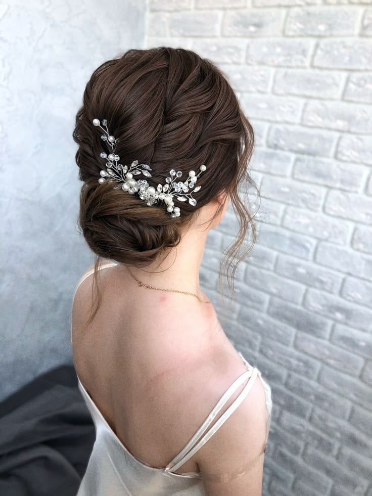Dark Brown Low Bun With Accessory — Trendy Messy Bun Updo