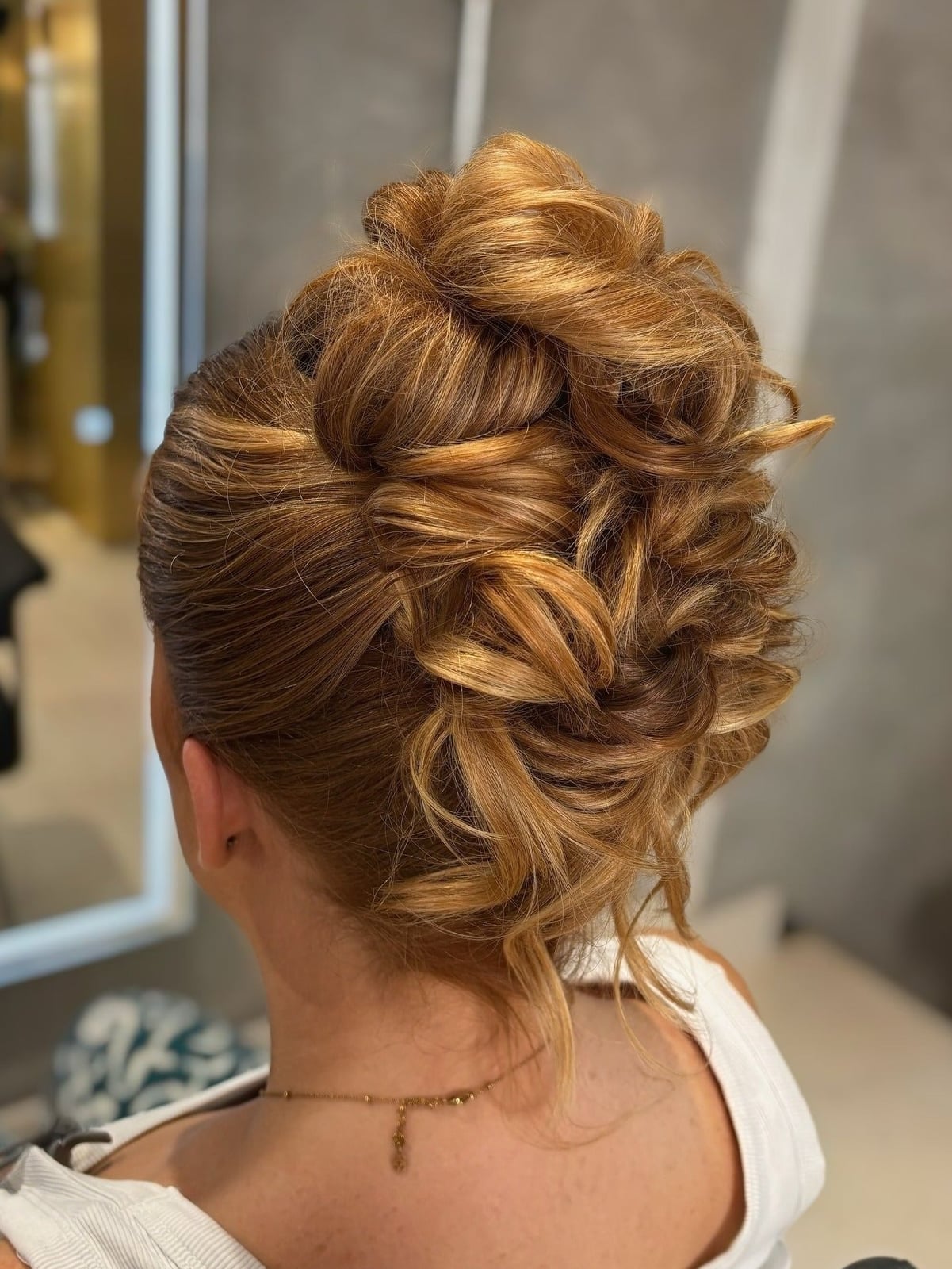 Blonde Highly Textured Bun Updo — Trendy Messy Bun Updo
