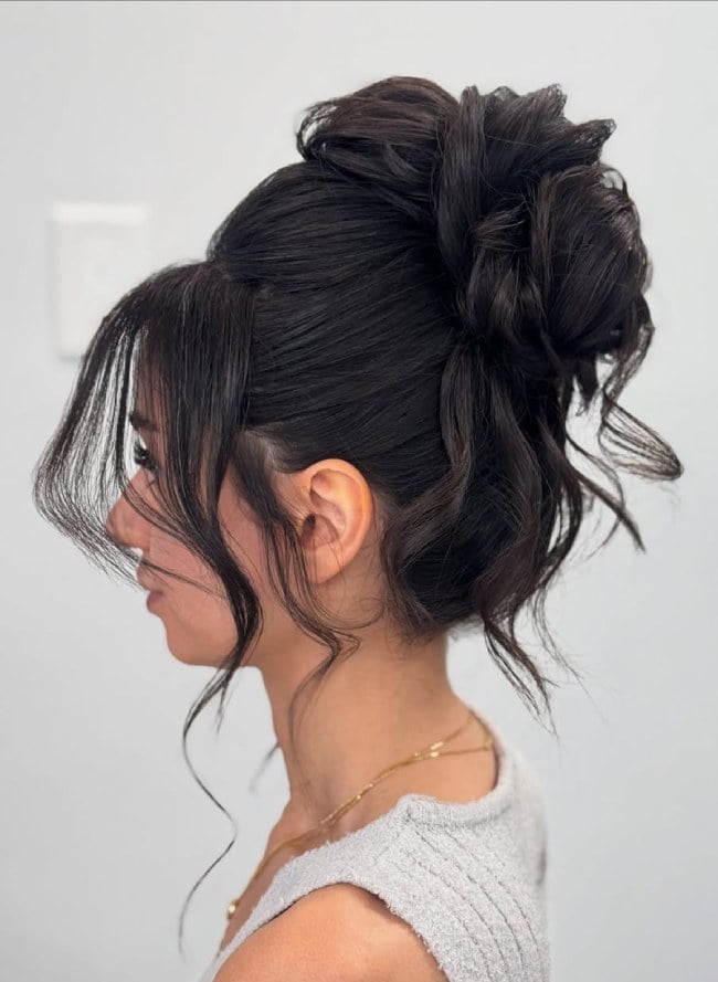Dark Brown Textured Messy Bun Updo — Trendy Messy Bun Updo