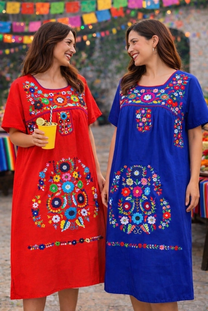 ANY COLOR Mexican Puebla Dress Embroidered FLORAL Fiesta Dress S M L XL 2X 3X | eBay UK