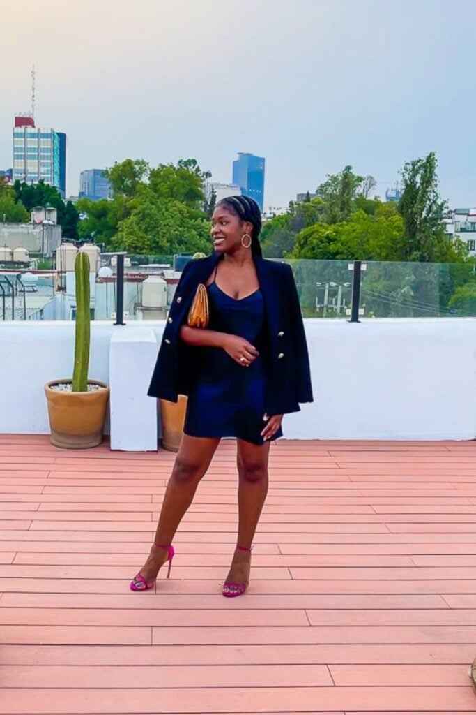 Navy Slip Dress with Black Blazer and Orange Handbag Navy Slip Dress with Black Blazer and Orange Handbag — Trendy Mexico Outfits