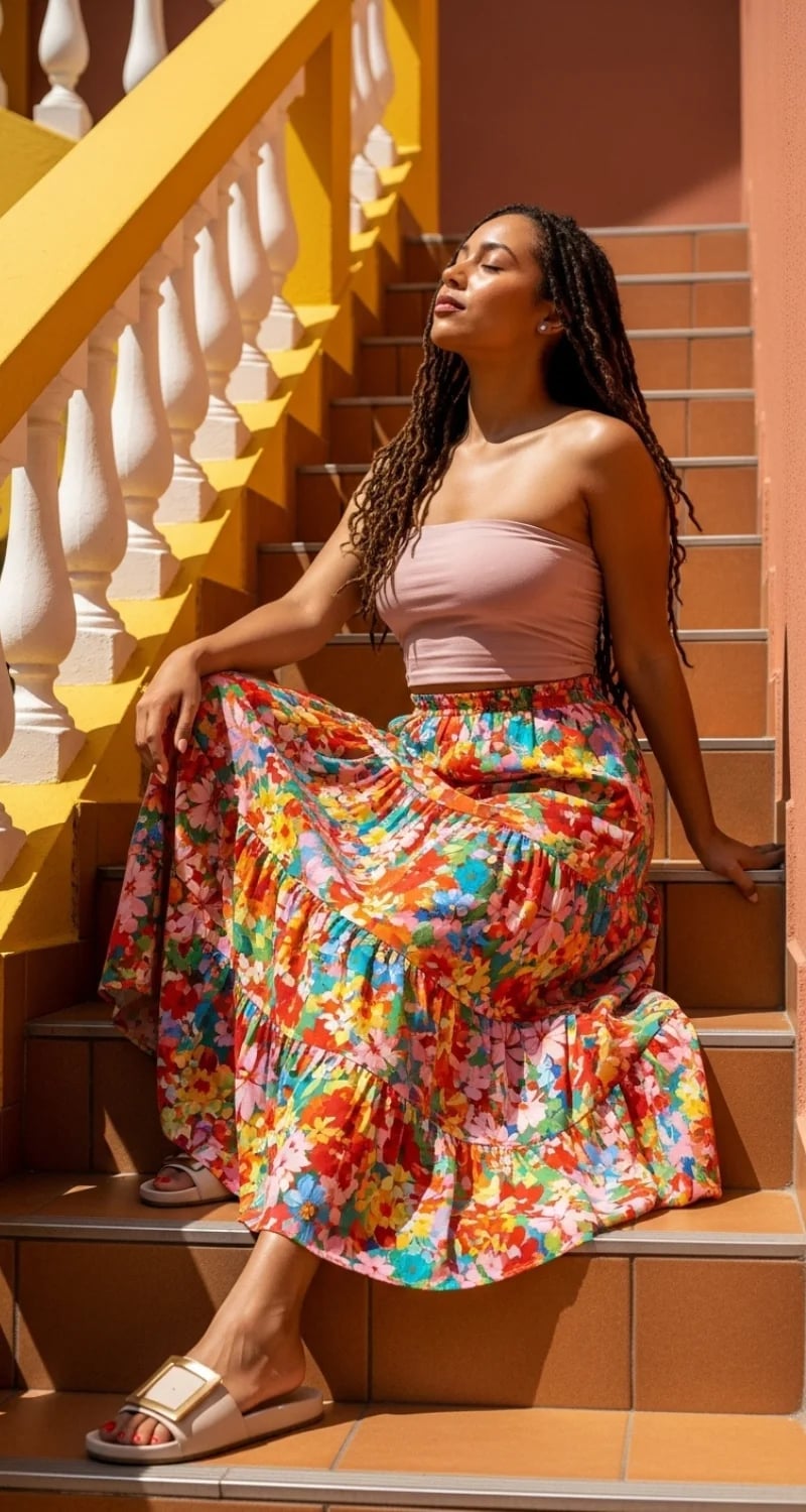 Strapless Top with Multi-Colored Floral Maxi Skirt Strapless Top with Multi-Colored Floral Maxi Skirt — Trendy Mexico Outfits
