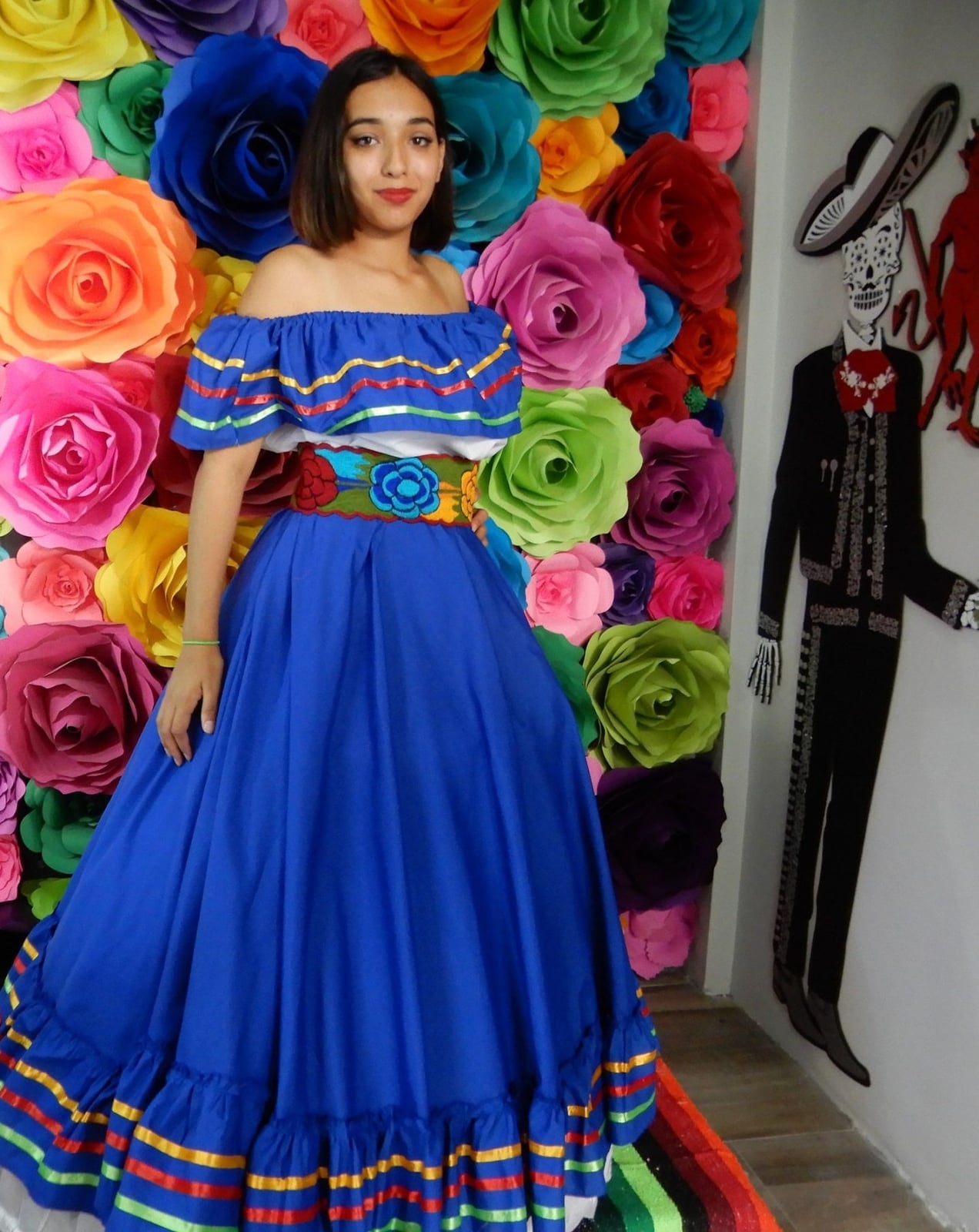 Royal Blue Off-the-Shoulder Dress with Embroidered Belt, Cotton Royal Blue Off-the-Shoulder Dress with Embroidered Belt, Cotton — Trendy Mexico Outfits