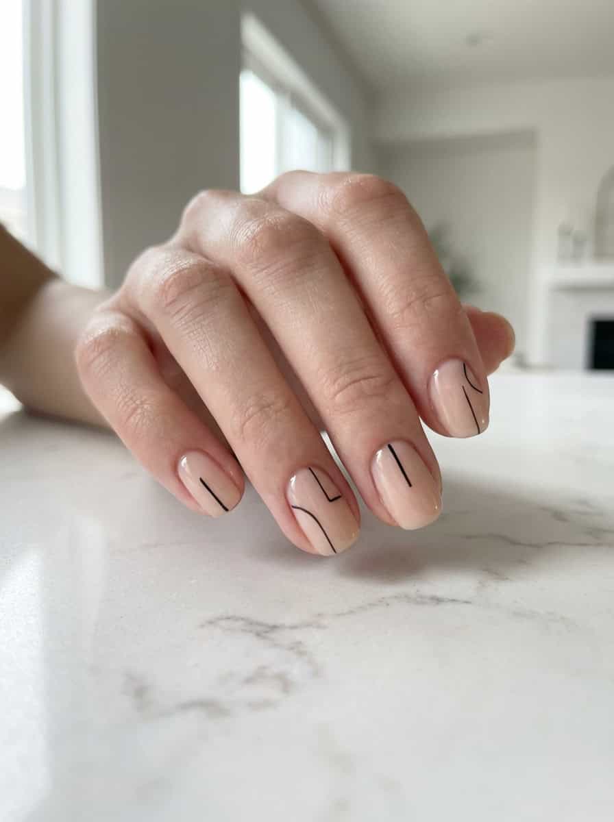 Short Square Beige Nails With Black Lines Short Square Beige Nails With Black Lines — Trendy Minimal Nails