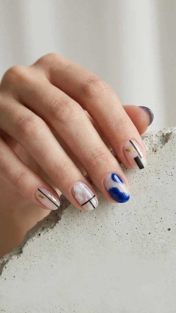 Short Oval Nude With Blue Marble Accents Short Oval Nude With Blue Marble Accents — Trendy Minimal Nails