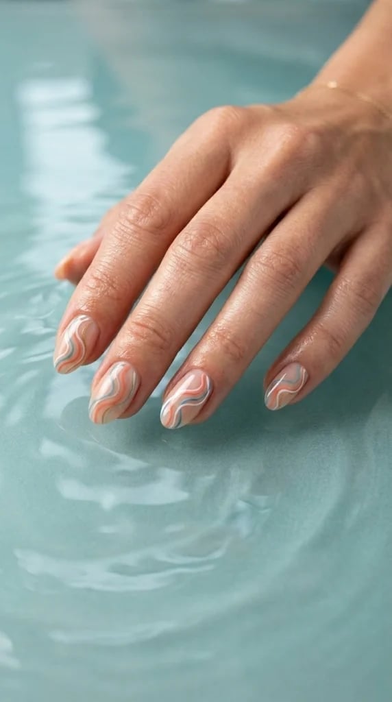 Short Oval Pastel Wavy Line Nails Short Oval Pastel Wavy Line Nails — Trendy Minimal Nails