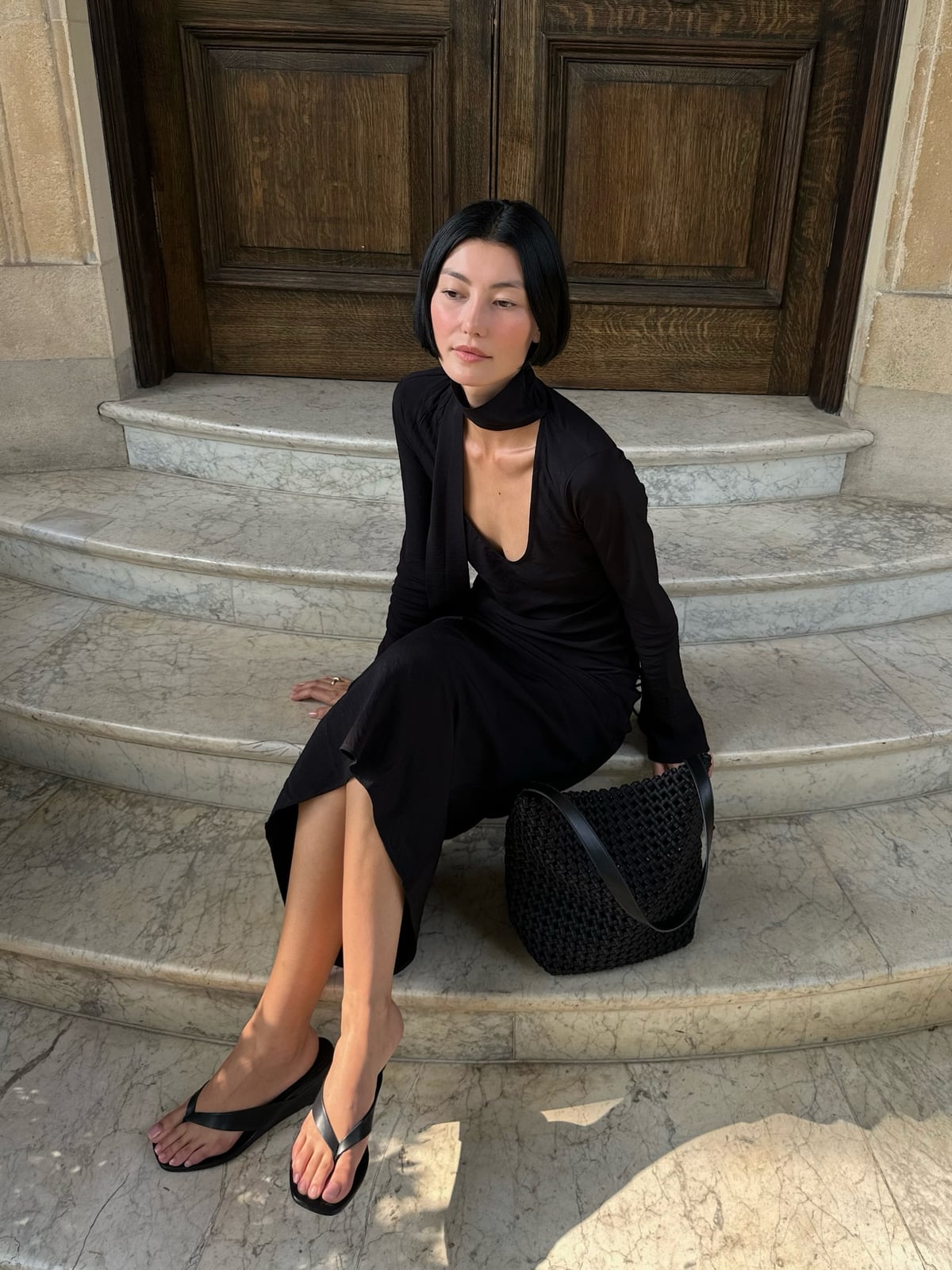 Long-sleeved Black Midi Dress with Cut-Out Neckline Long-sleeved Black Midi Dress with Cut-Out Neckline — Trendy Minimalist Outfits