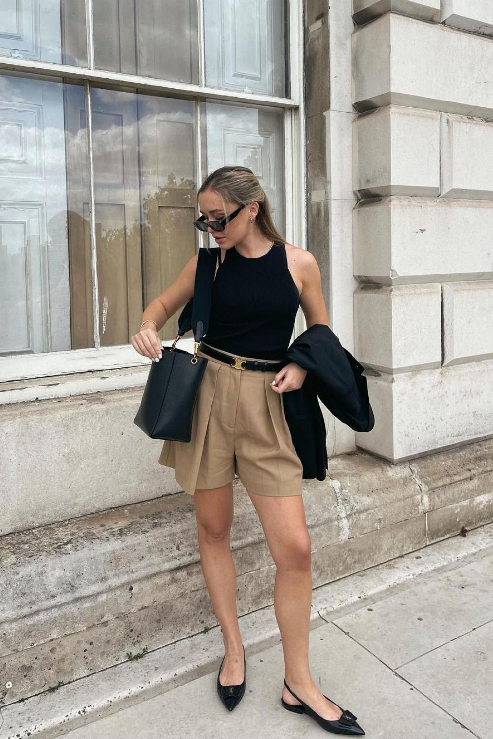 Black Ribbed Tank Top with Tailored Beige Shorts and Draped Blazer Black Ribbed Tank Top with Tailored Beige Shorts and Draped Blazer — Trendy Minimalist Outfits
