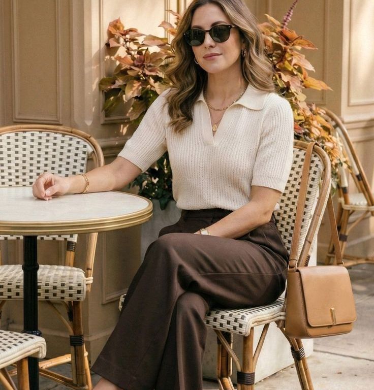 Cream Knit Polo Shirt with Brown Wide Leg Trousers Cream Knit Polo Shirt with Brown Wide Leg Trousers — Trendy Minimalist Outfits