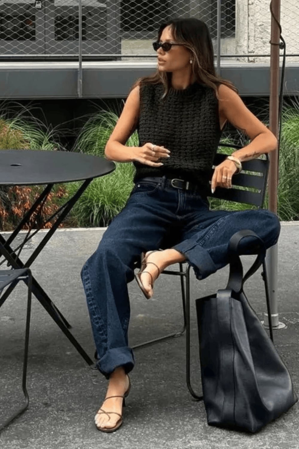Dark Knit Sleeveless Top with Wide Leg Jeans and Rolled Cuffs Dark Knit Sleeveless Top with Wide Leg Jeans and Rolled Cuffs — Trendy Minimalist Outfits